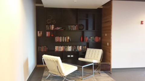 Dark woodwork in an office seating area